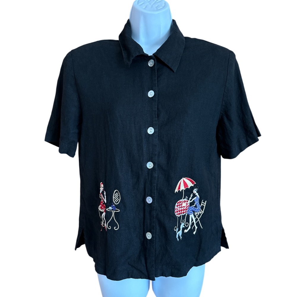 Vintage Ultra Dress New York Embroidered Black Short Sleeve Button Down Size 10